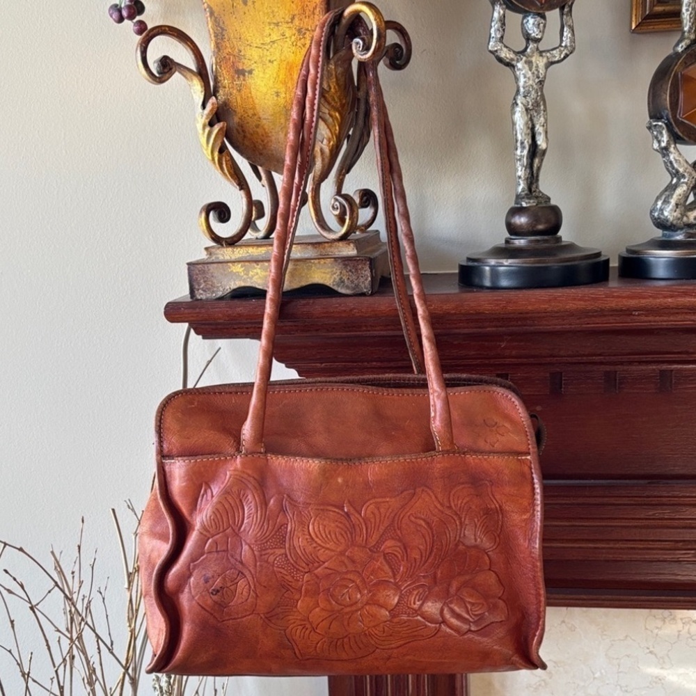 Vintage Patricia Nash Italian Leather Burnished Floral Tooled Large Satchel Tote
